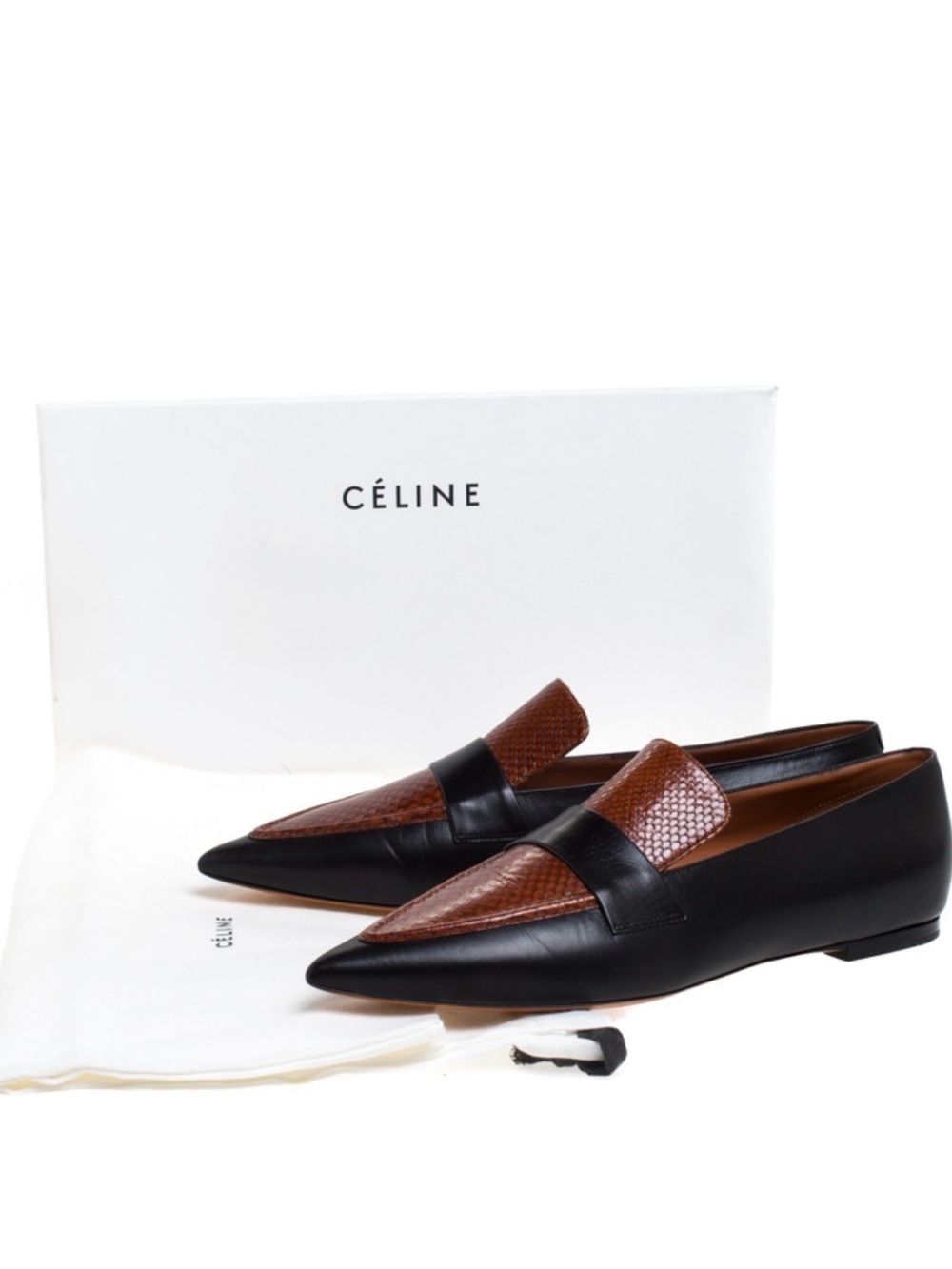 Celine Phoebe Philo Leather Embossed Python Black Cognac Pointed Toe Loafers 38